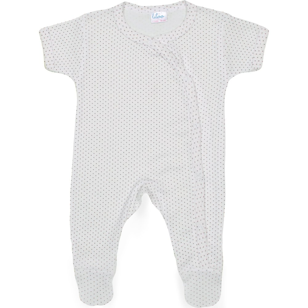 Cream coloured short-sleeve sleep & play with footies with brown dots allover print | liloo