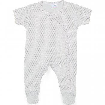 Cream coloured short-sleeve sleep & play with footies with brown dots allover print