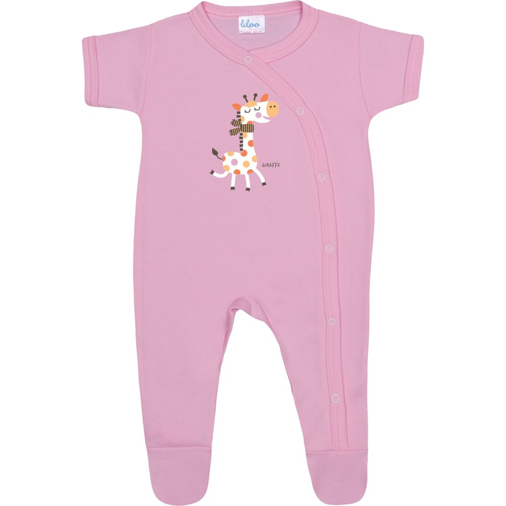 Pink short-sleeve sleep & play with footies with giraffe print | liloo