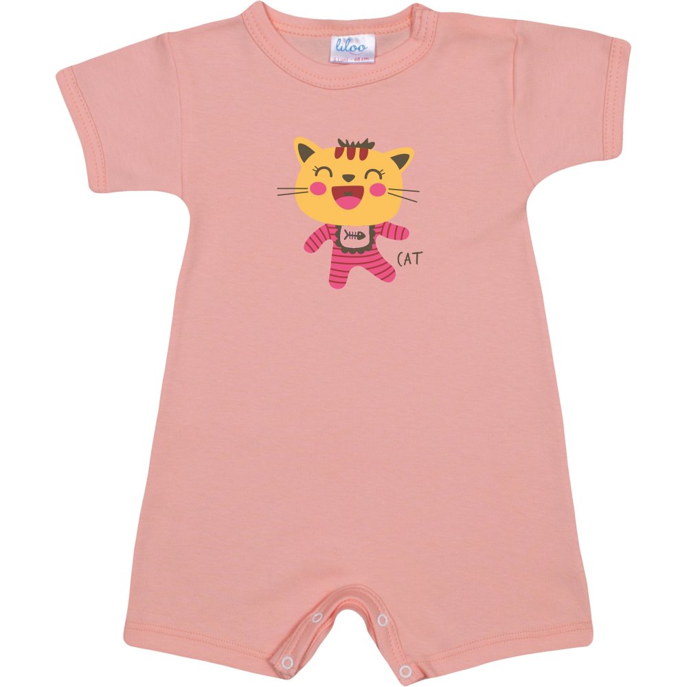 Salmon romper (short sleeve & pants) with cool cat print | liloo