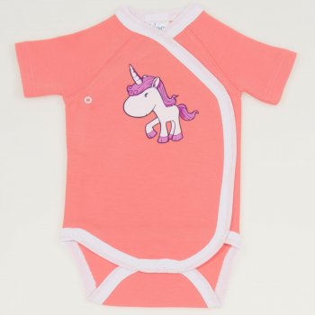 Salmon living coral side-snaps short-sleeve bodysuit with white border and unicorn print