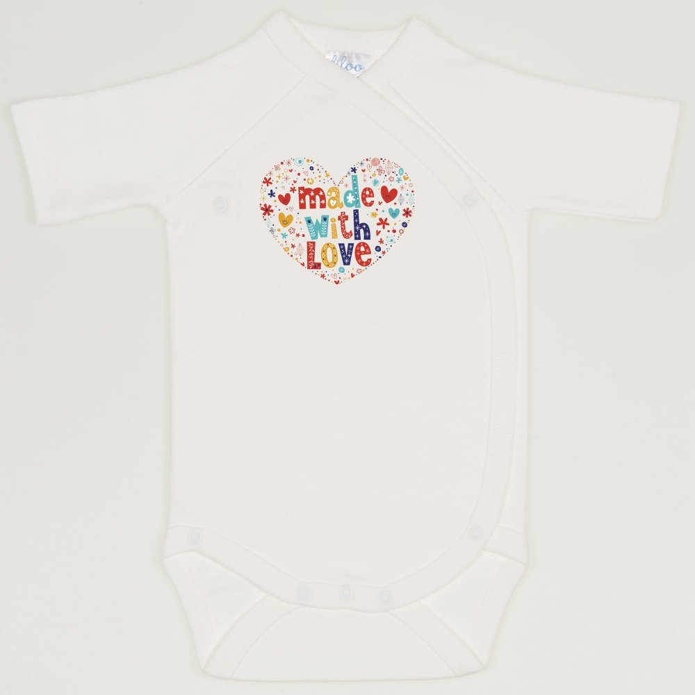 Blanc de blanc side-snaps short-sleeve bodysuit with "made with love" print  | liloo 