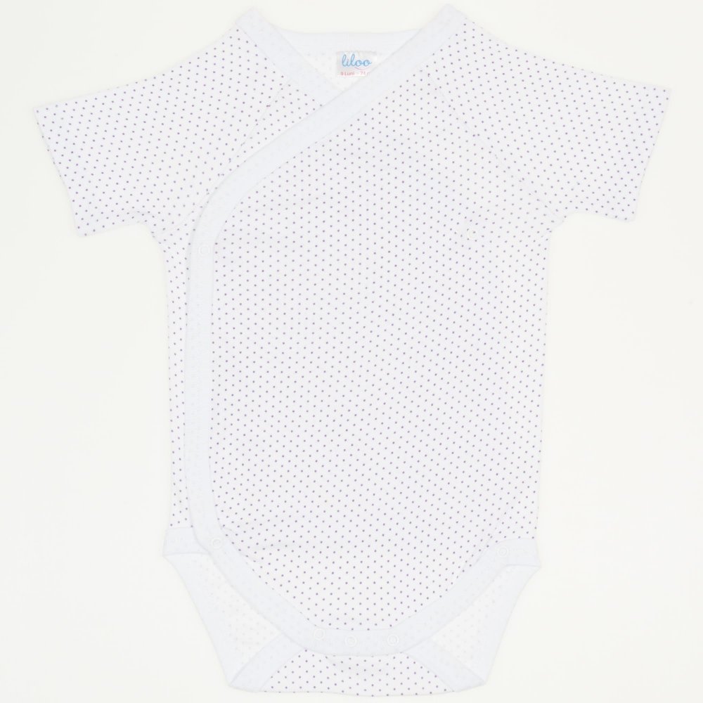 White side-snaps short-sleeve bodysuit with purple dots | liloo