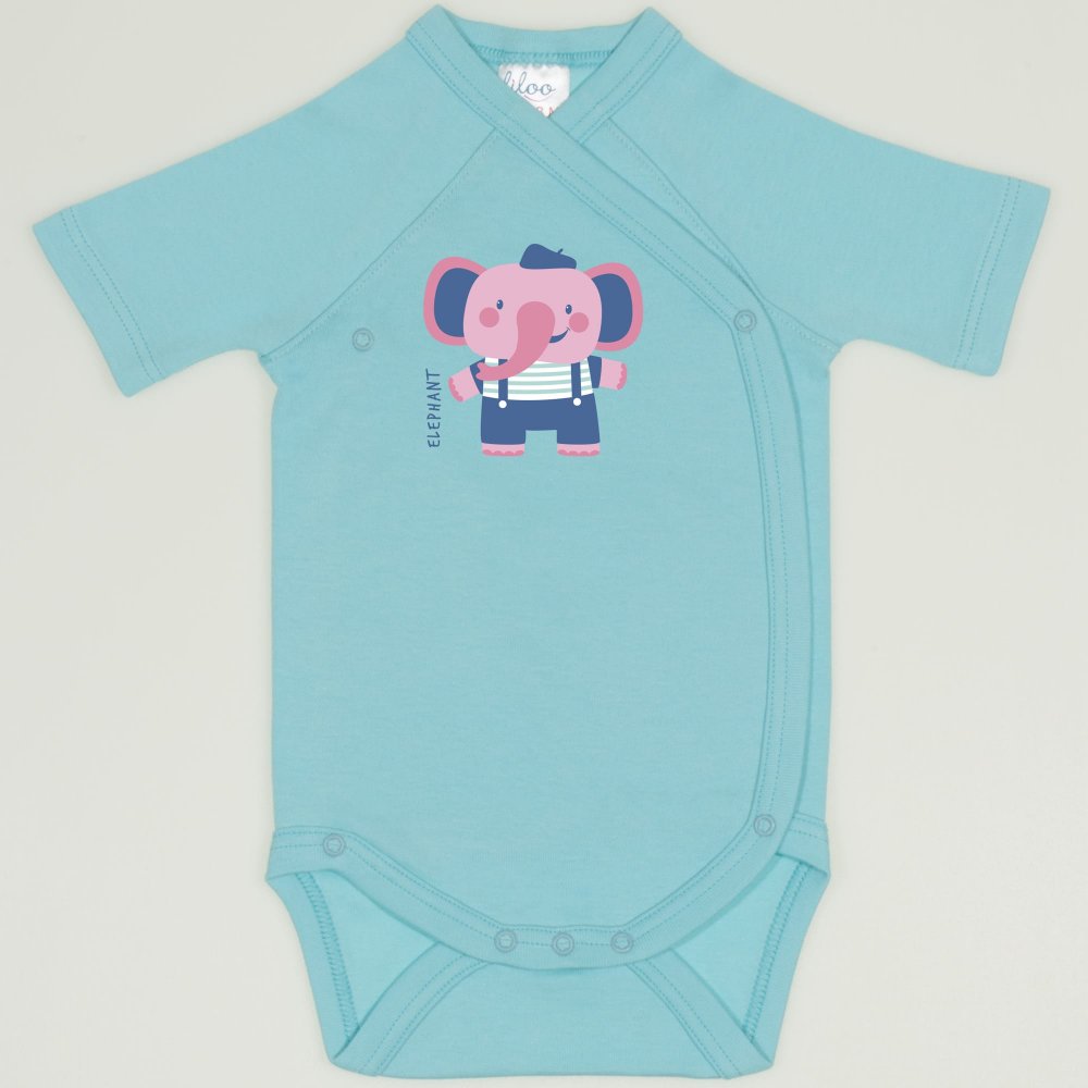 Blue radiance side-snaps short-sleeve bodysuit with elephant print | liloo