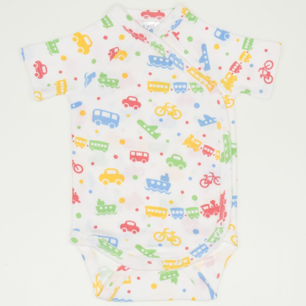 White side-snaps short-sleeve bodysuit with transport toys print | liloo