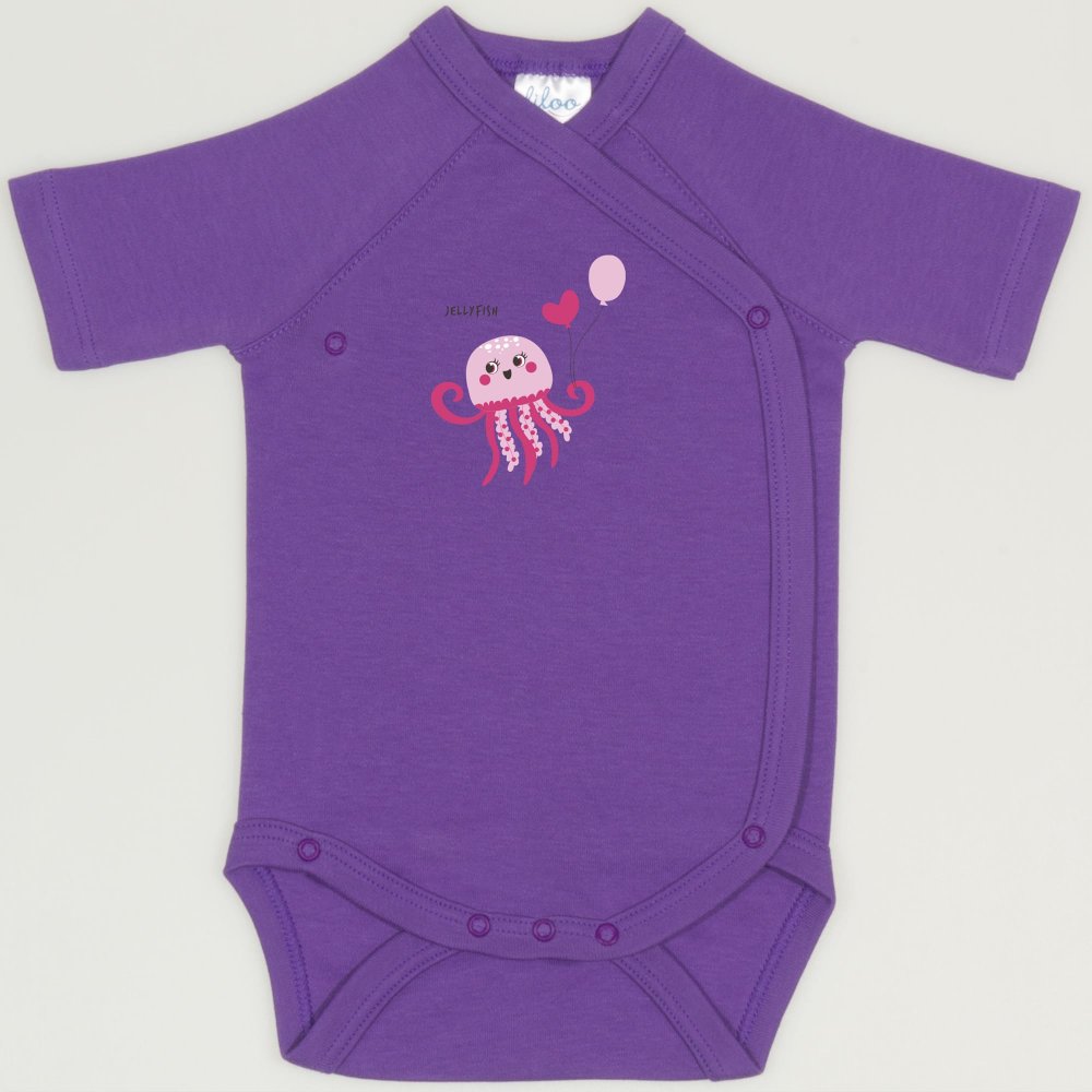 Mauve deep lavender side-snaps short-sleeve bodysuit with jellyfish print | liloo