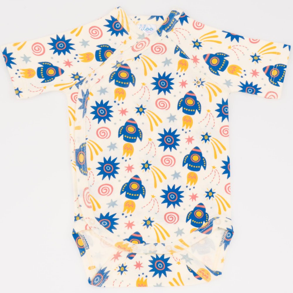 Side-snaps short-sleeve bodysuit with stars-rockets print | liloo