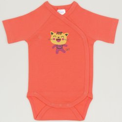 Salmon living coral side-snaps short-sleeve bodysuit with smart cat print