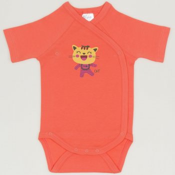 Salmon living coral side-snaps short-sleeve bodysuit with smart cat print