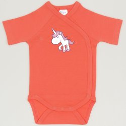 Salmon living coral side-snaps short-sleeve bodysuit with unicorn print