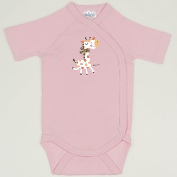 Orchid pink side-snaps short-sleeve bodysuit with giraffe print