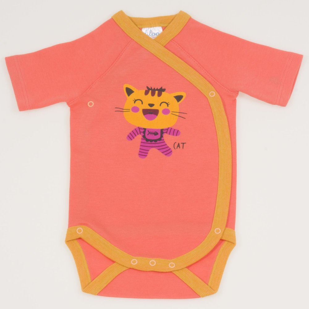 Salmon living coral side-snaps short-sleeve bodysuit with mustard border and smart cat print | liloo