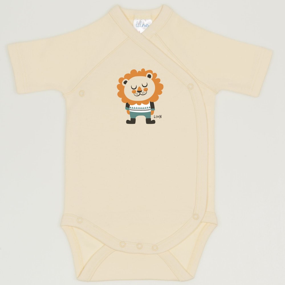 Vanilla custard side-snaps short-sleeve bodysuit with lion print | liloo 