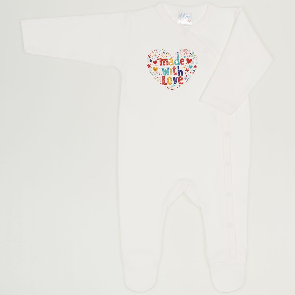 Blanc de blanc long-sleeve sleep & play with footies with "made with love" print | liloo