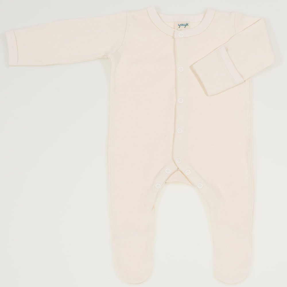 Cream organic cotton long-sleeve sleep with gloves - center-snap | liloo