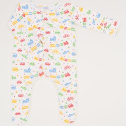 White long-sleeve sleep with gloves - center-snap with transport toys print