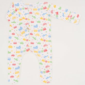 White long-sleeve sleep with gloves - center-snap with transport toys print