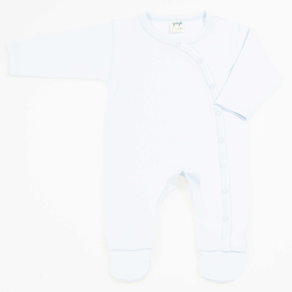 Light blue organic cotton long sleeve jumpsuit and pants with booties | liloo