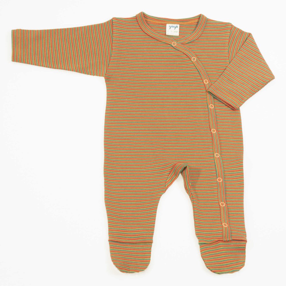 Long-sleeved overalls and trousers with brown organic cotton printed colored stripes pattern | liloo