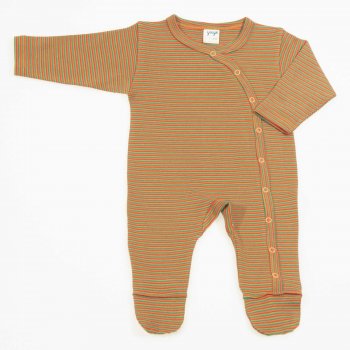 Long-sleeved overalls and pants with brown organic cotton boots, colorful stripes pattern print