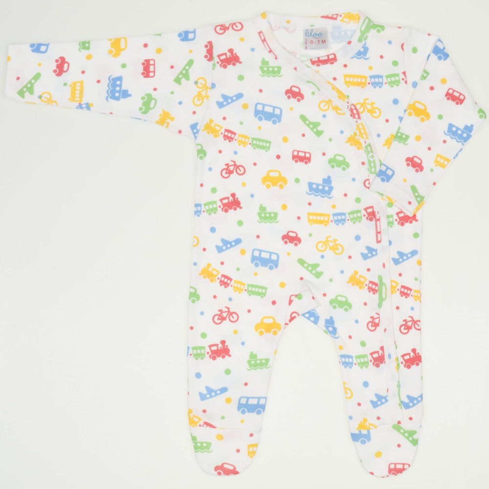 White long-sleeve sleep & play with footies with transport toys print | liloo