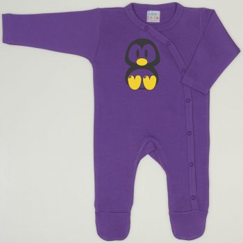 Salopeta maneca lunga si pantaloni cu botosei mov deep lavender imprimeu pinguinul Tux | liloo