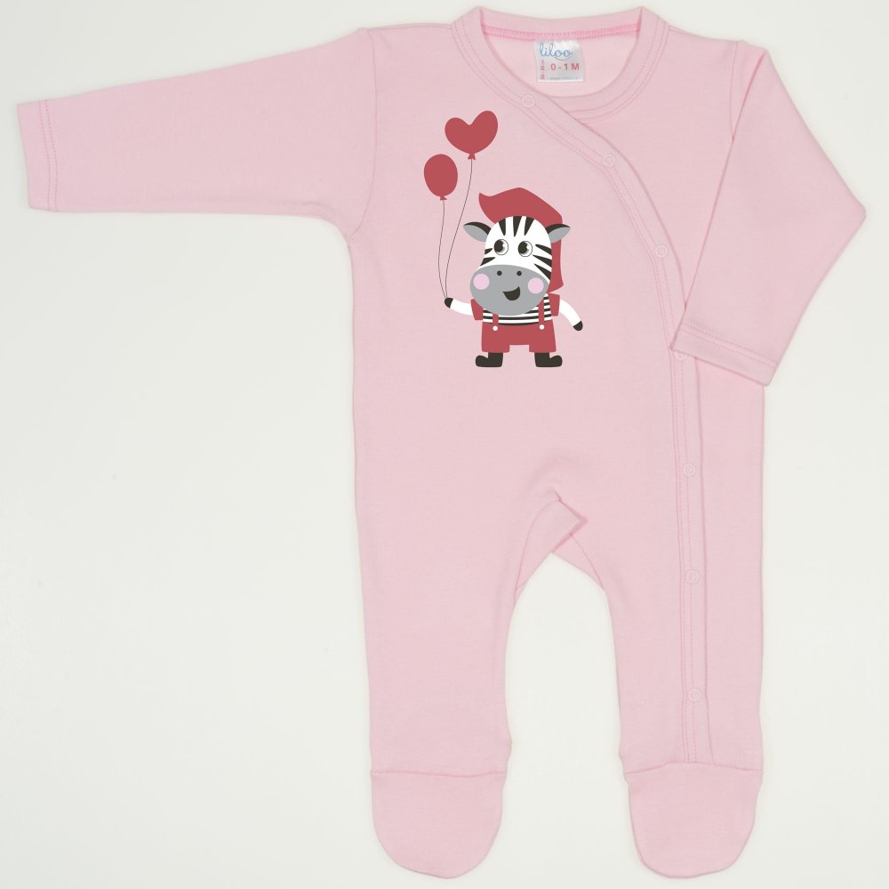 Orchid pink long-sleeve sleep & play with footies with zebra with balloons print  | liloo