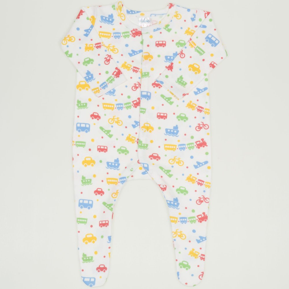 White long-sleeve sleep & play with footies with transport toys print | liloo