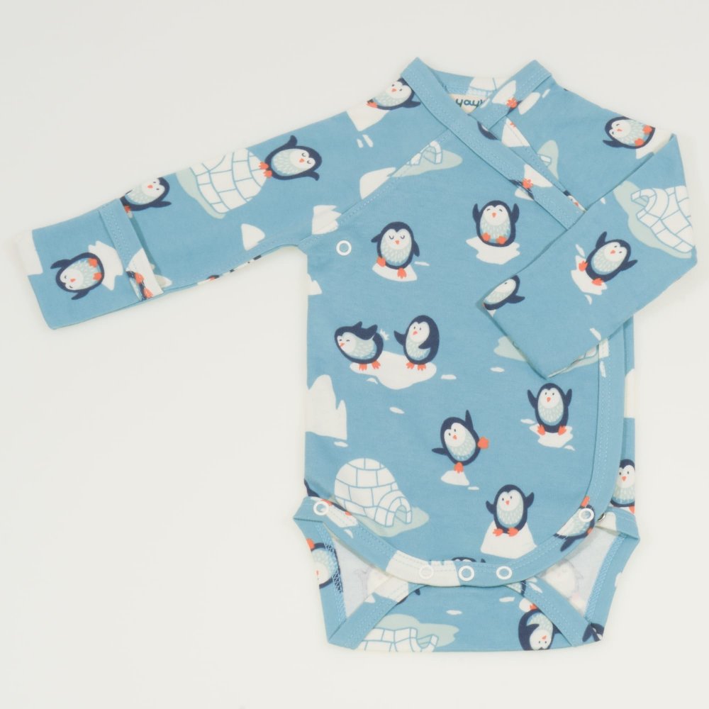 Aqua side-snaps long-sleeve bodysuit with gloves - organic cotton with penguins print | liloo