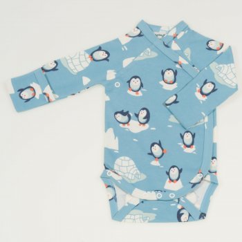 Aqua side-snaps long-sleeve bodysuit with gloves - organic cotton with penguins print