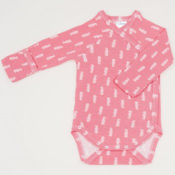 Salmone side-snaps long-sleeve bodysuit with gloves with sea ​​horses print