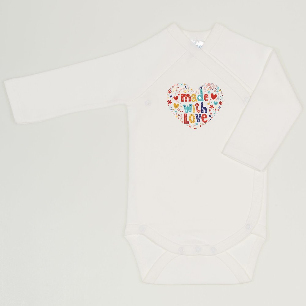 Blanc de blanc side snaps long sleeve bodysuit with "made with love" print | liloo