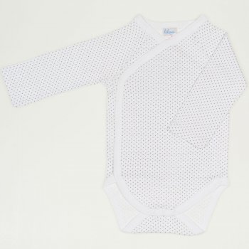 White side-snaps long-sleeve bodysuit with purple dots