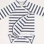 White organic cotton side-snaps long-sleeve bodysuit with navy blue stripes print | liloo