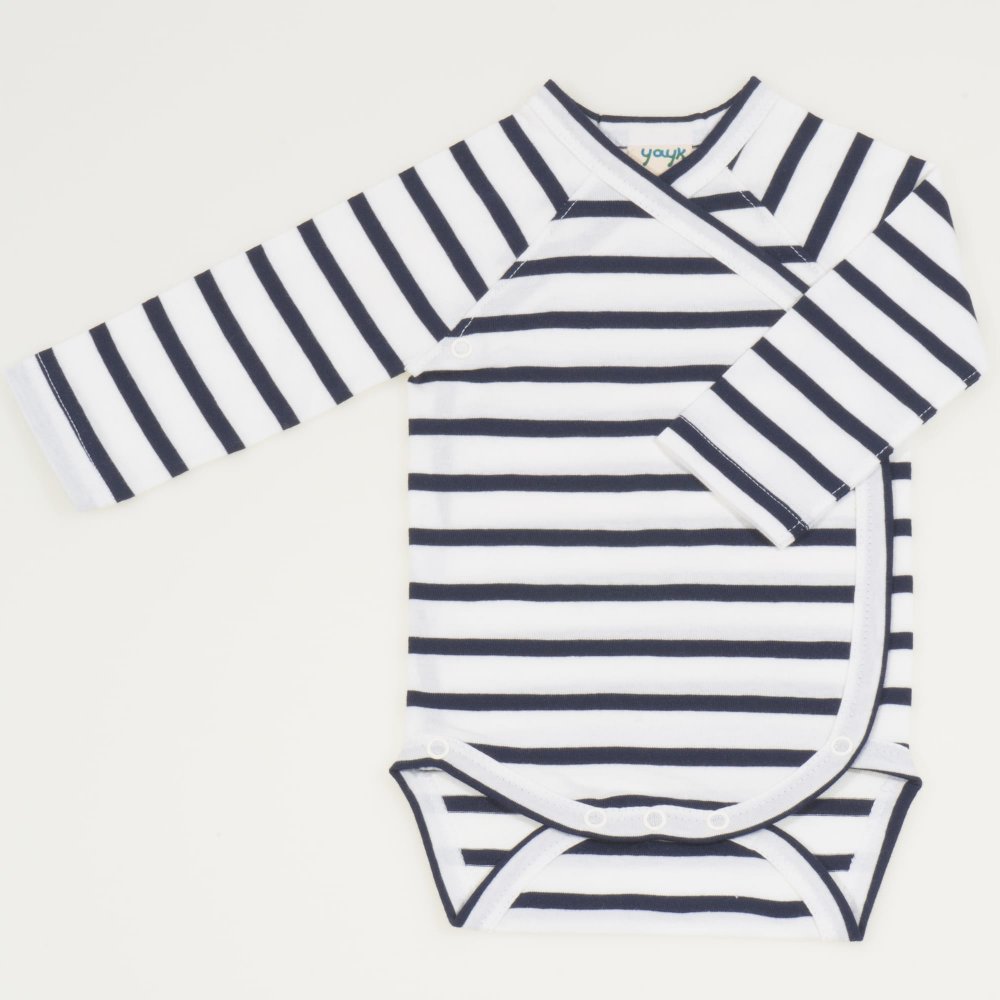 White organic cotton side-snaps long-sleeve bodysuit with navy blue stripes print | liloo