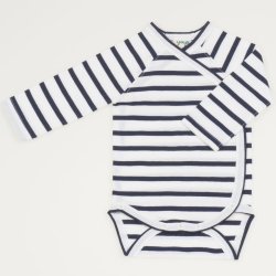 White organic cotton side-snaps long-sleeve bodysuit with navy blue stripes print