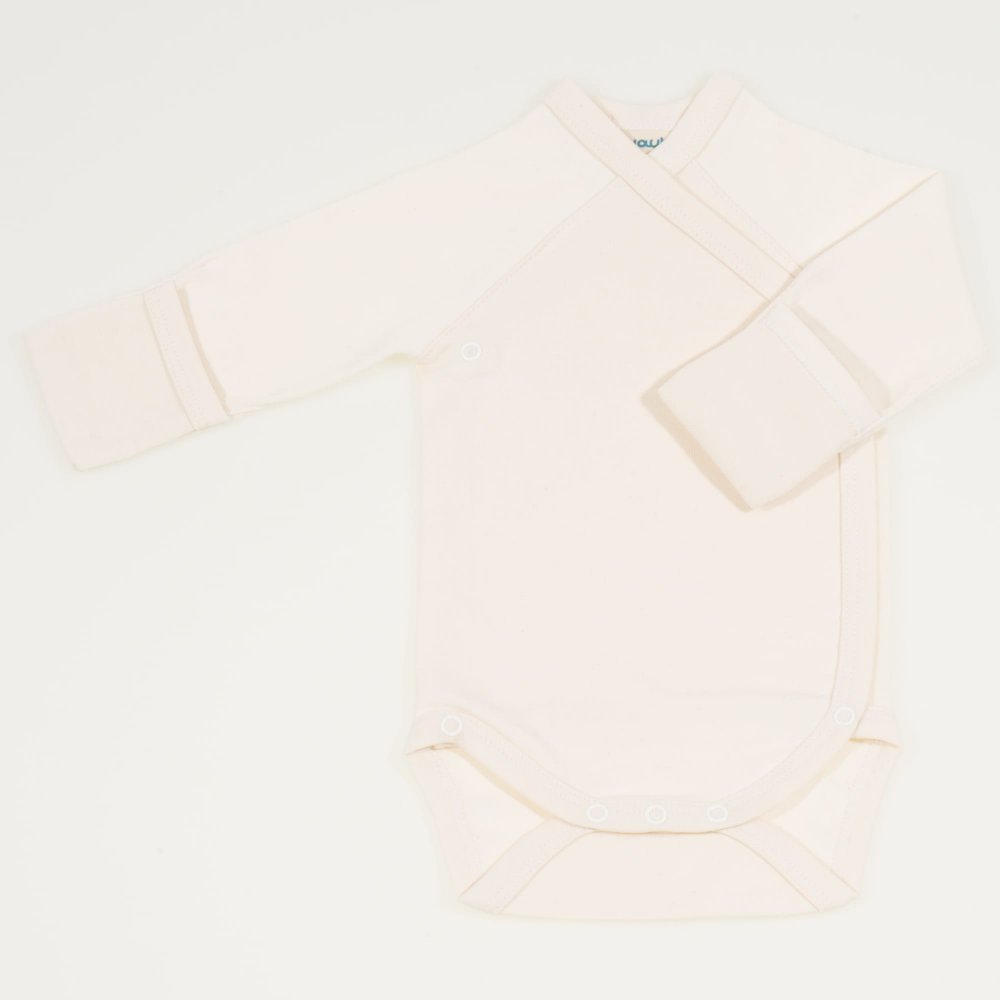 Cream organic cotton side-snaps long-sleeve bodysuit with gloves | liloo