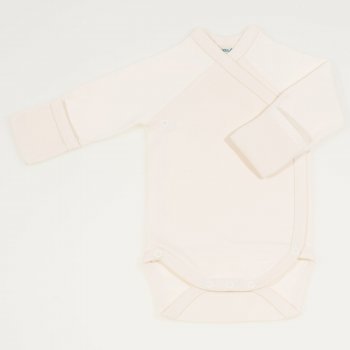 Cream organic cotton side-snaps long-sleeve bodysuit with gloves 