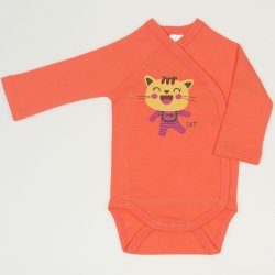 Salmon living coral side-snaps long-sleeve bodysuit with cool cat print