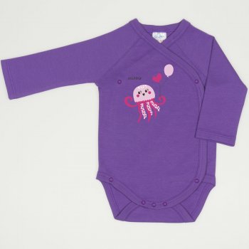 Purple deep lavender side-snaps long-sleeve bodysuit with sea nettle print  | liloo