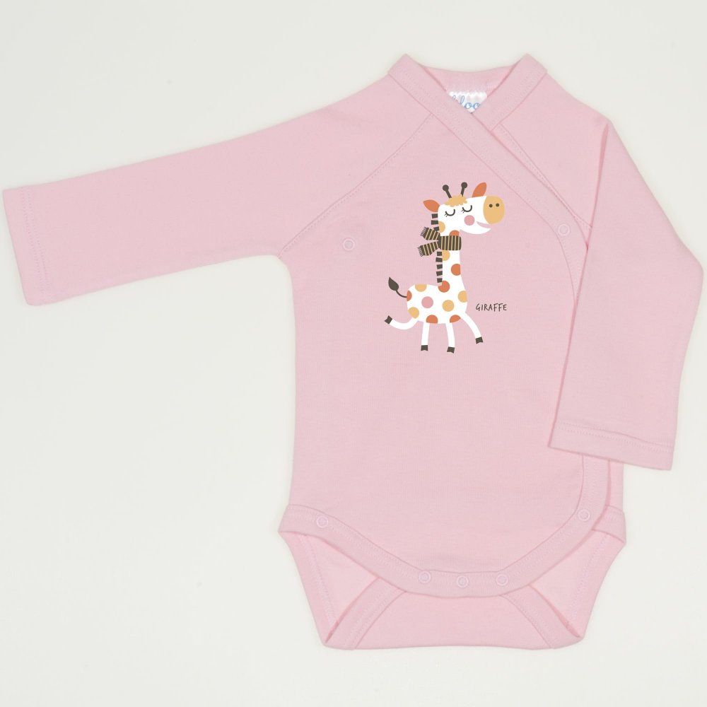  Orchid pink side-snaps long-sleeve bodysuit with giraffe print | liloo