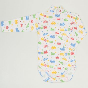 White turtleneck bodysuit with transport toys print