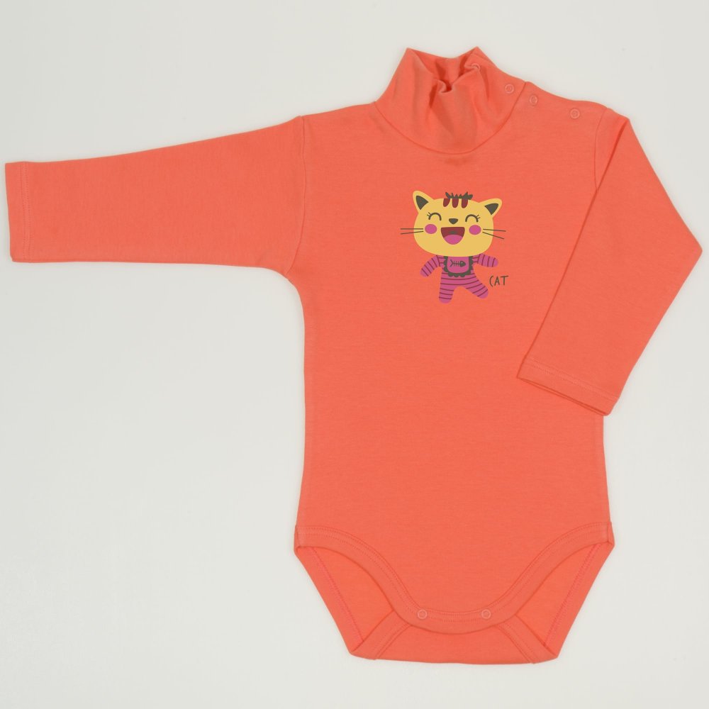 Salmon living coral turtleneck bodysuit with cool cat print | liloo