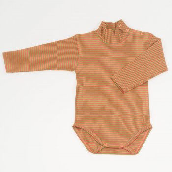 Brown turtleneck bodysuit with colour stripes print - organic cotton