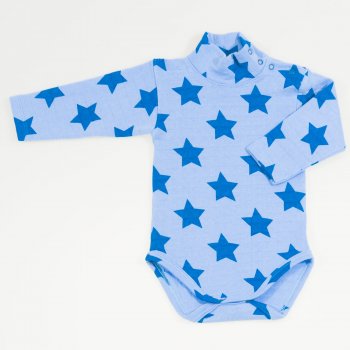 Blue turtleneck bodysuit with stars print - organic cotton