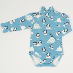 Aqua turtleneck bodysuit with penguins print - organic cotton