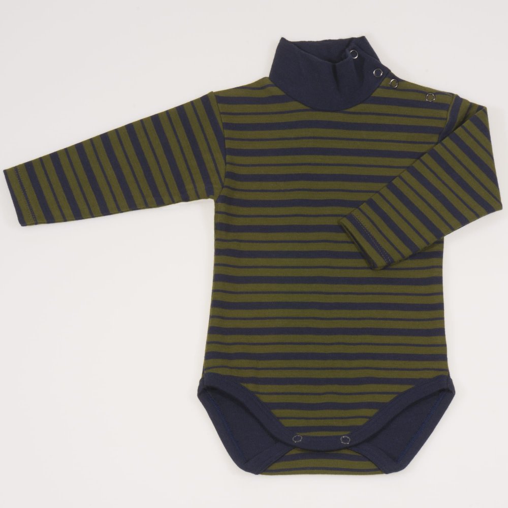 Dark blue thick turtleneck bodysuit with khaki stripes - premium multilayer material | liloo