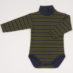 Dark blue thick turtleneck bodysuit with khaki stripes - premium multilayer material