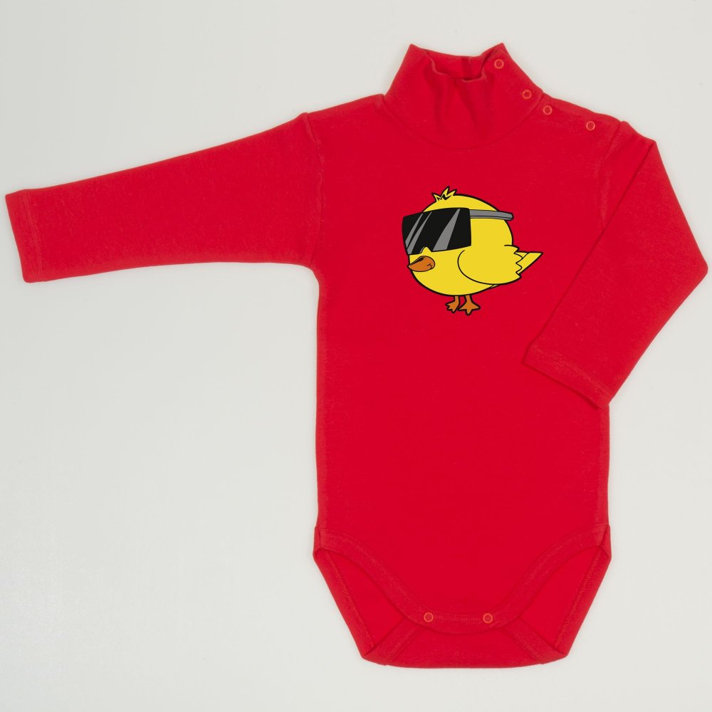 Red tomato turtleneck bodysuit with chicken with glasses print | liloo