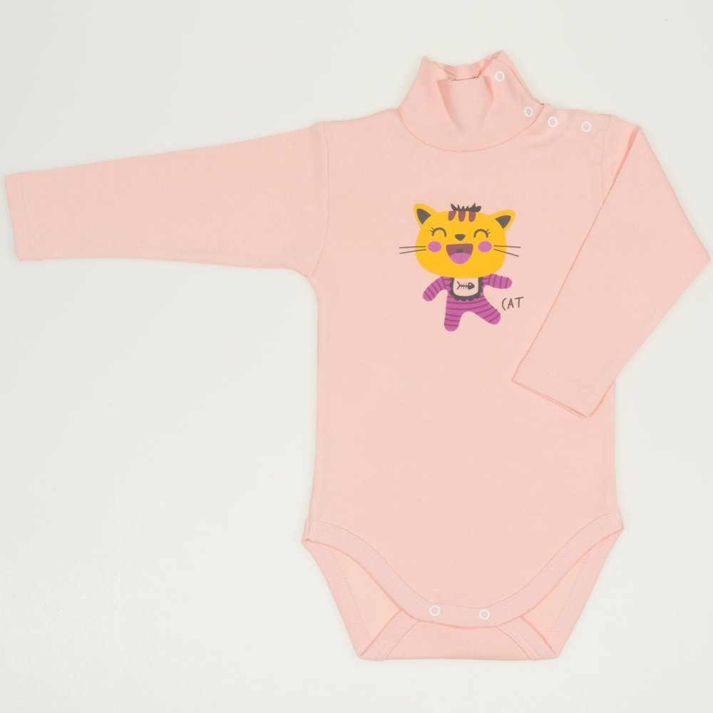 Salmon turtleneck bodysuit with coloured cool cat print | liloo